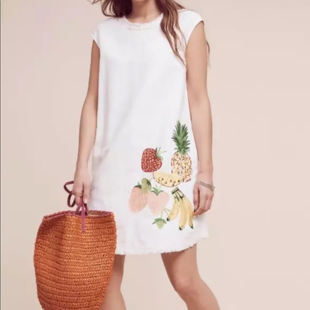 HOLDING HORSES White Mini Dress with Colorful Fruit Design